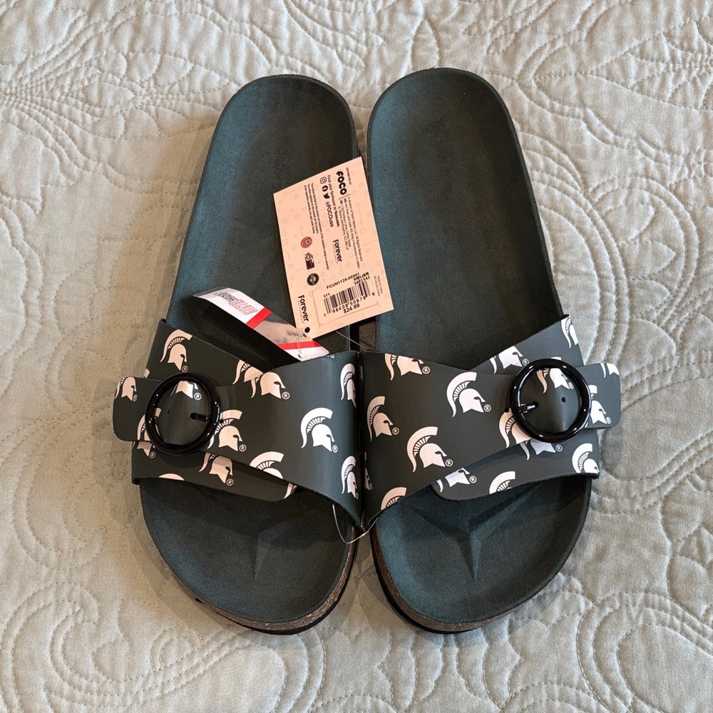 Forever Collectibles Green and White Slide Sandals Michigan State University MSU